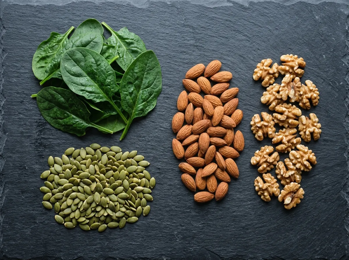Magnesium-rich foods - dark greens, seeds, and almonds supporting normal muscle function