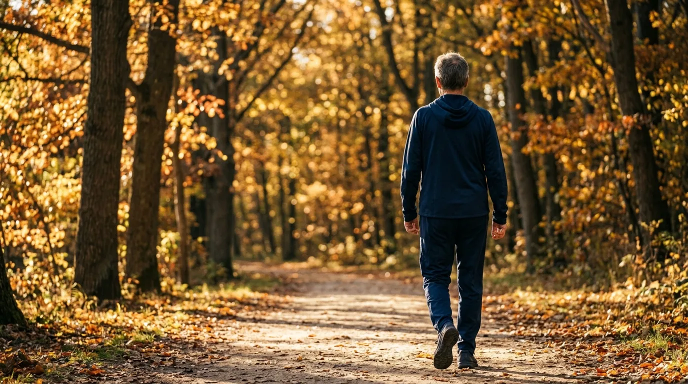 Anonymous adult walking along a sunny park trail - active aging lifestyle