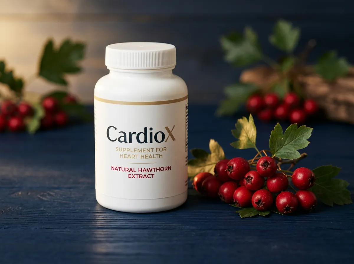 CardioX supplement bottle with hawthorn berries on dark surface - premium wellness presentation